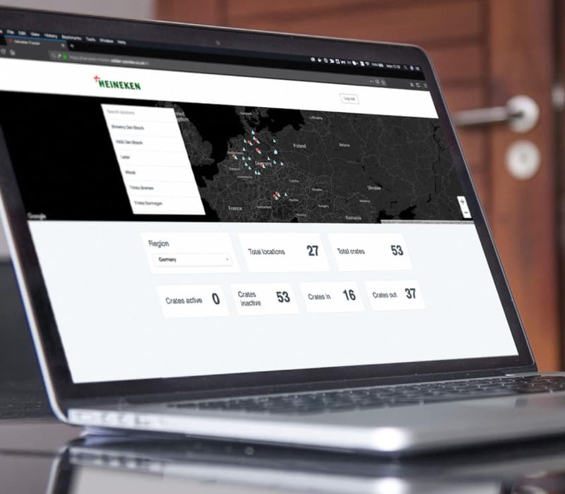A photo of the Heineken crate tracking system dashboard shown on a laptop screen