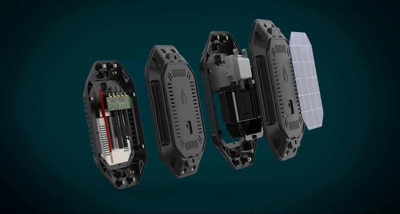 Exploded view of the WATR monitor device, showing the multiple layers of components inside